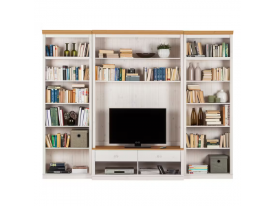 Estante grande para sala em madeira com rack para tv na cor branco lavado e mel  / coleção biblioteca